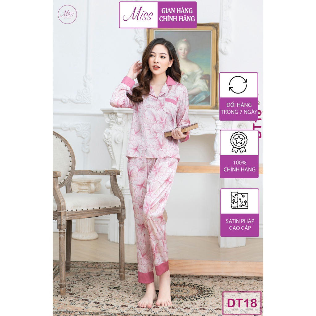 BỘ NGỦ DÀI TAY HỌA TIẾT - DÀI HOA KẺ HỒNG - DT18