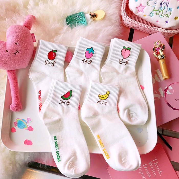 Tất vớ nam nữ cổ trung chất liệu cotton họa tiết trái cây Date84store