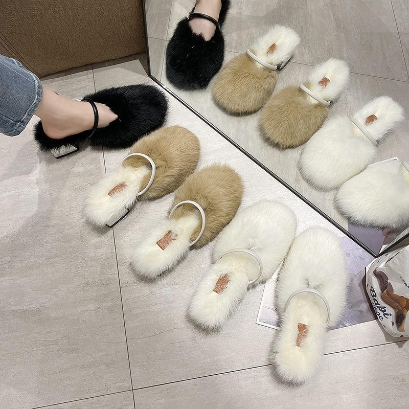 Dép cotton Bít Mũi Phối Lông Thỏ Gót Dày Mũi Tròn Thời Trang Thu Đông 2022 Mới Cho Nữ