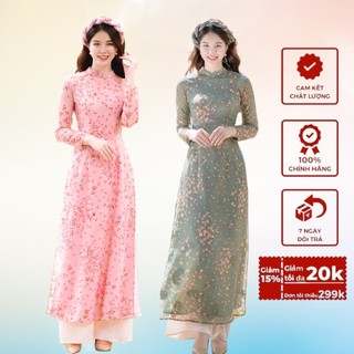 áo dài Hoa Nhí voan tơ ép 4 tà  có hai tone màu hồng và xanh đá cực đẹp hàng bán chạy nhất hot nhất hiện nay