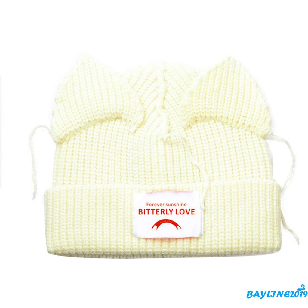 Bay-female Mũ Len Beanie Dệt Kim In Họa Tiết Chữ Tai Mèo Trang Trí Mùa Thu Đông Màu Be / Đen / Xanh Lam