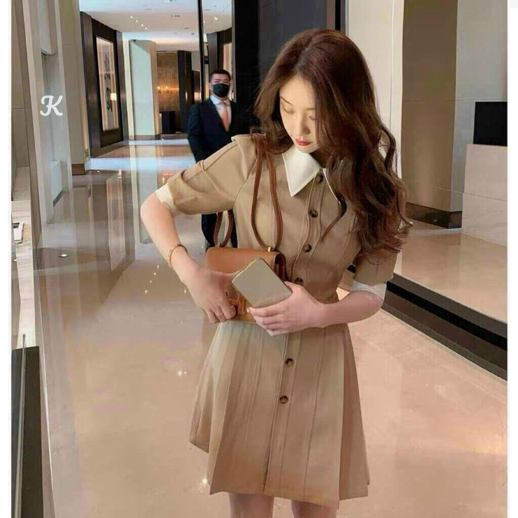 [11.11 Sale Freeship] Đầm thời trang nữ,đầm nữ công sở tay ngắn cài khuy cổ bẻ may túi hai bên dáng xoè thanh lịch mtb