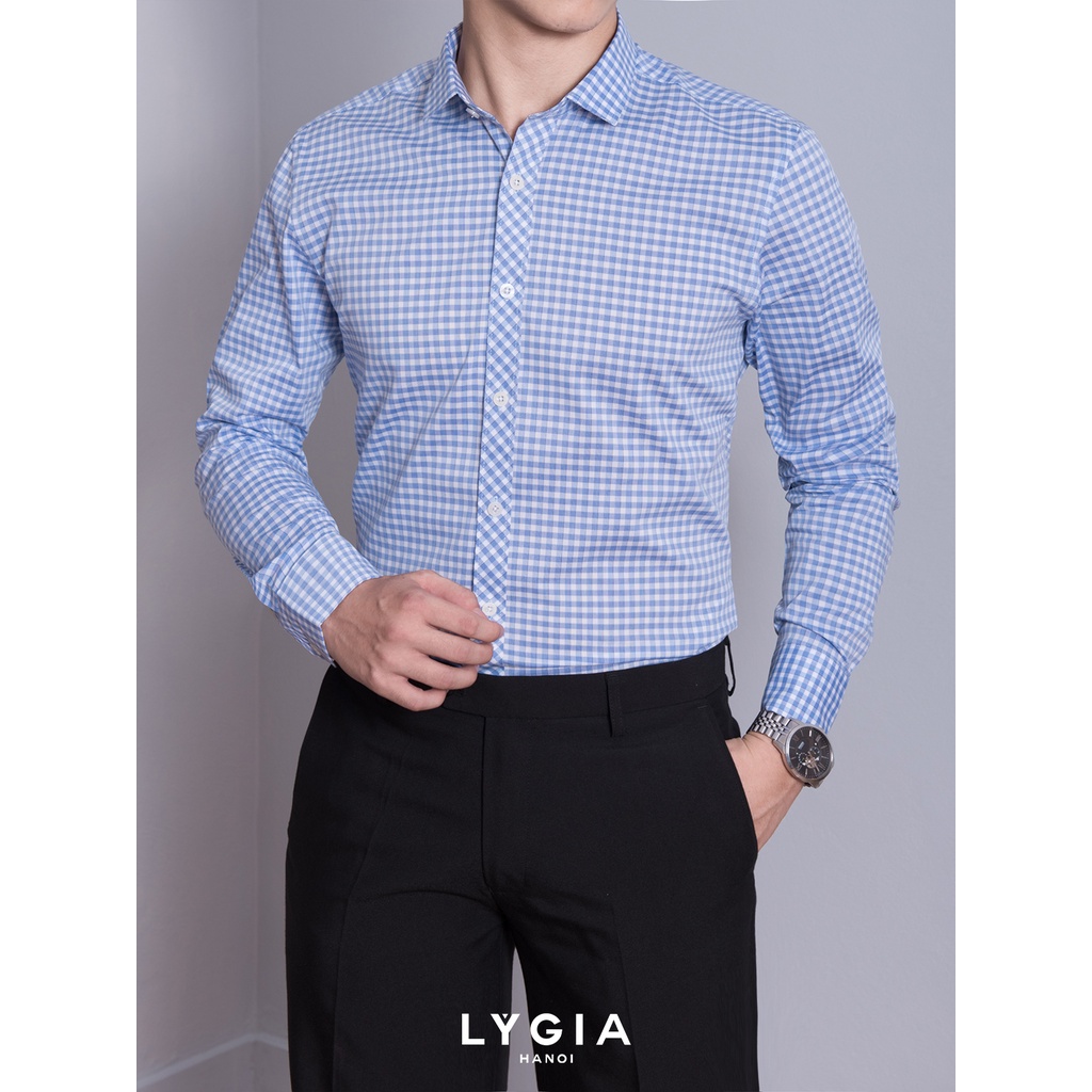 Áo sơ mi nam dài tay LÝ GIA 005 - Sơ mi nam xanh dương caro cao cấp chất vải mát mịn chống nhăn