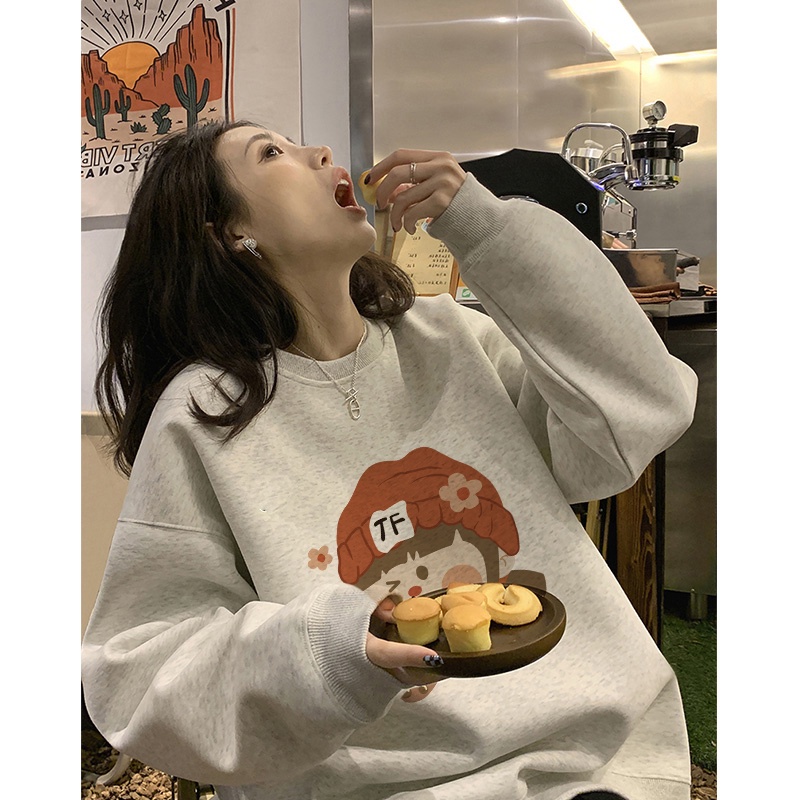 Áo Sweater Cổ Tròn Lót Lông Cừu Màu Xám Phong Cách Hàn Quốc Thời Trang Cho Nữ