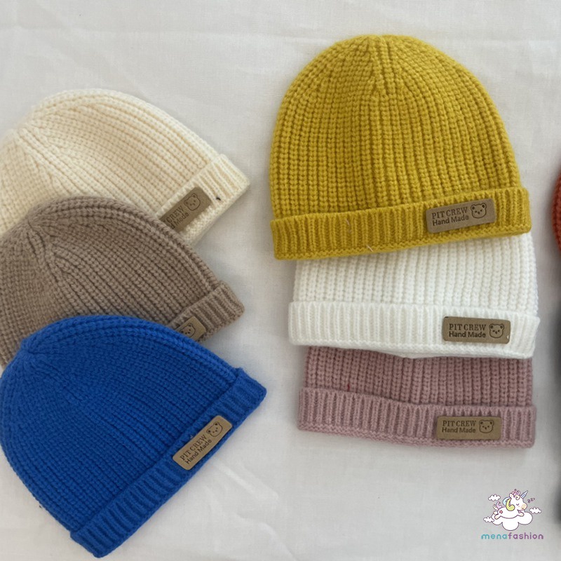Mũ Beanie Dệt Kim Bằng Da In Chữ &amp; Gấu Đáng Yêu Cho Bé