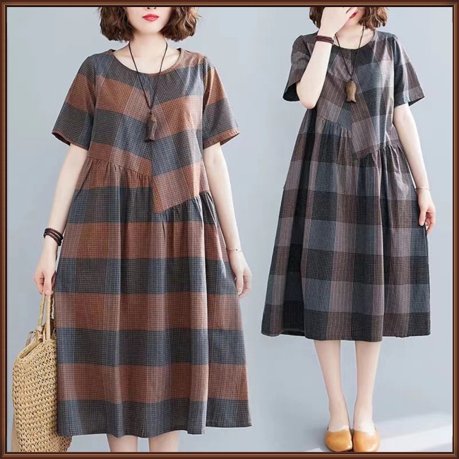 Đầm Tay Ngắn Dáng Chữ A Họa Tiết Sọc Caro Phong Cách Cổ Điển Thời Trang Mùa Hè Cho Nữ