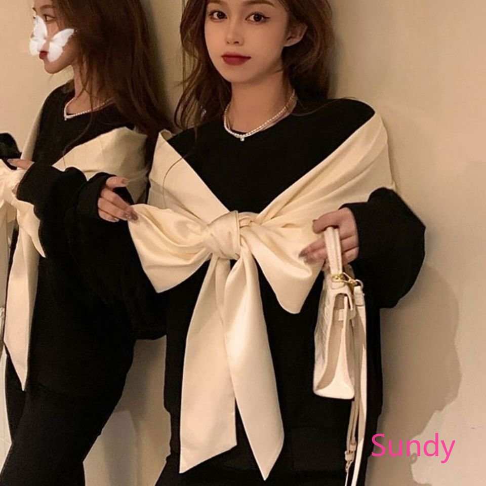 Plus Áo Sweater Tay Dài Dáng Rộng Phối Khăn Choàng Đính Nơ Thời Trang Xuân Thu Cho Nữ