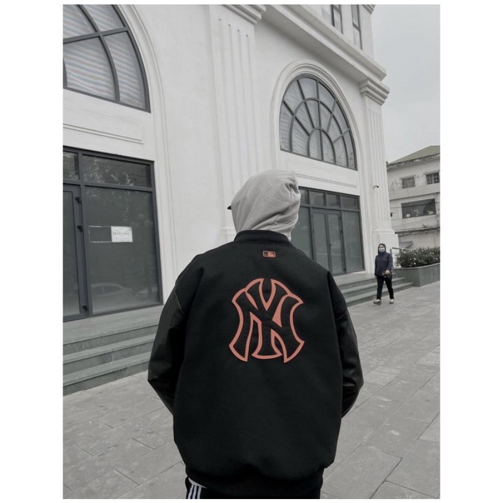 Áo varsity jacket Bomber MLB NY Chữ Thêu Tay Da Cao Cấp - Áo Bomber Nỉ Tay Da Phong Cách Unisex
