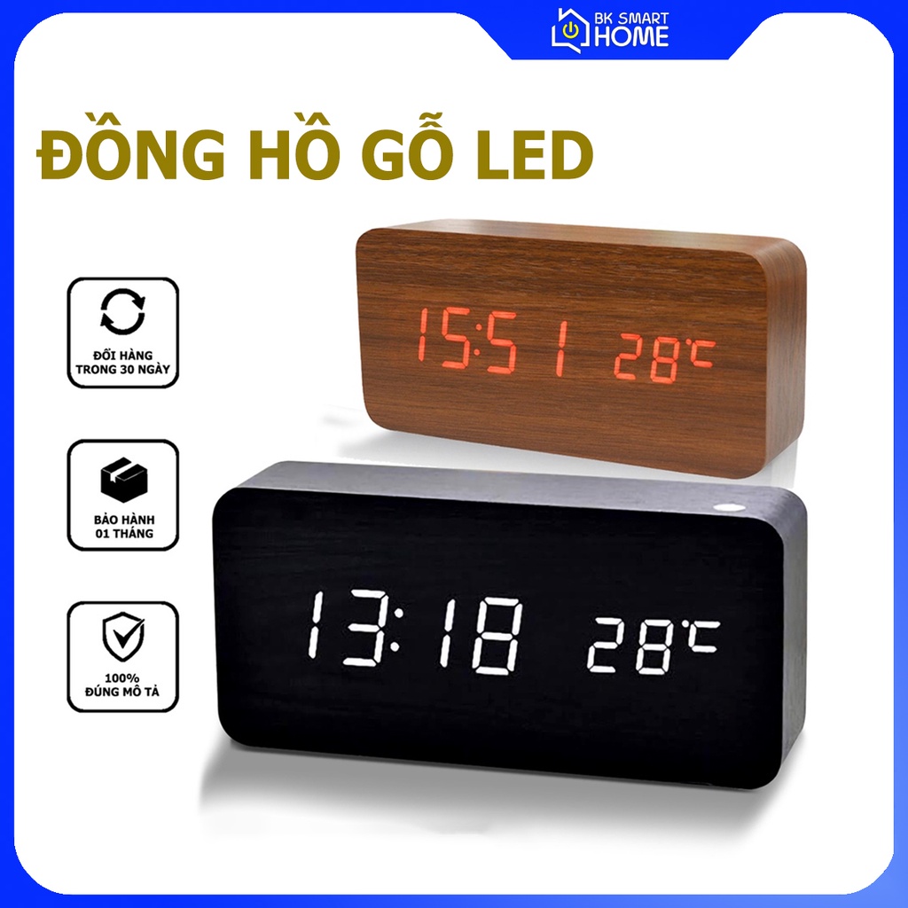 Đồng Hồ Gỗ Hiển Thị LED Để Bàn Giả Gỗ Hình Chữ Nhật Có Cảm Biến Nhiệt Độ Phòng và Hẹn Báo Thức nguồn 5V hoặc pin