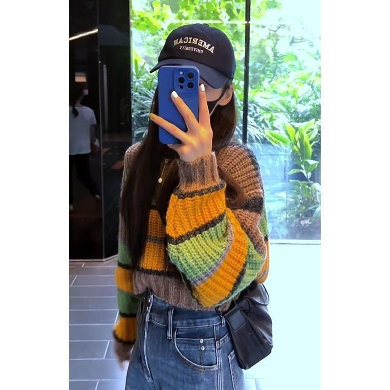 Bán Chạy#Áo Sweater Dệt Kim Mềm Cổ Tròn Dáng Rộng In Kẻ Sọc Màu Tương Phản Thời Trang Thu Đông 2022 Cho Nữ