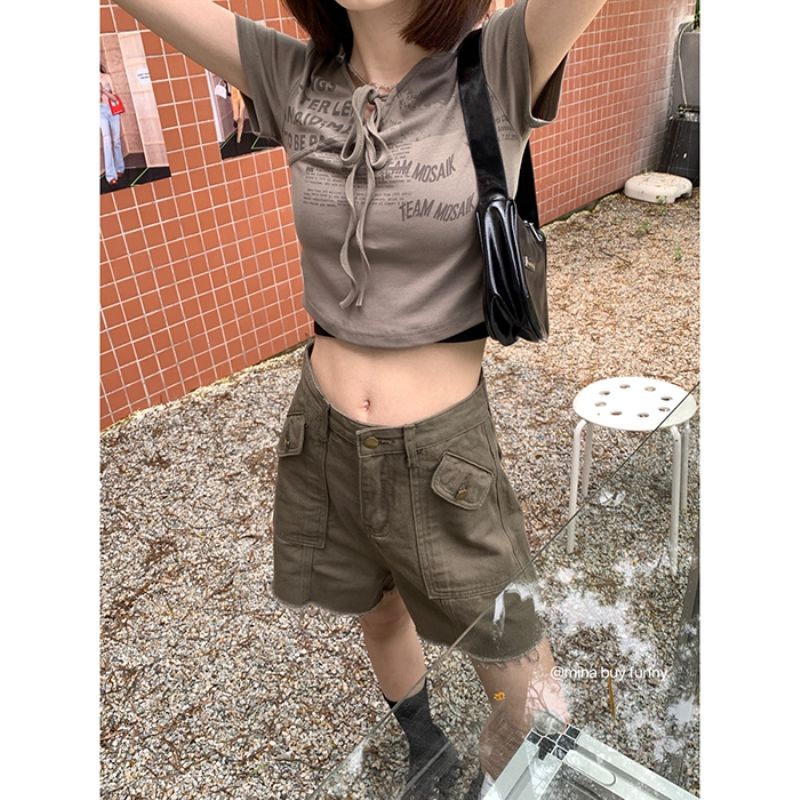 Jiashucheng Quần Yếm Denim Ngắn Dáng Suông Rộng Eo Cao Phong Cách Retro Mỹ Mùa Hè Dành Cho Nữ