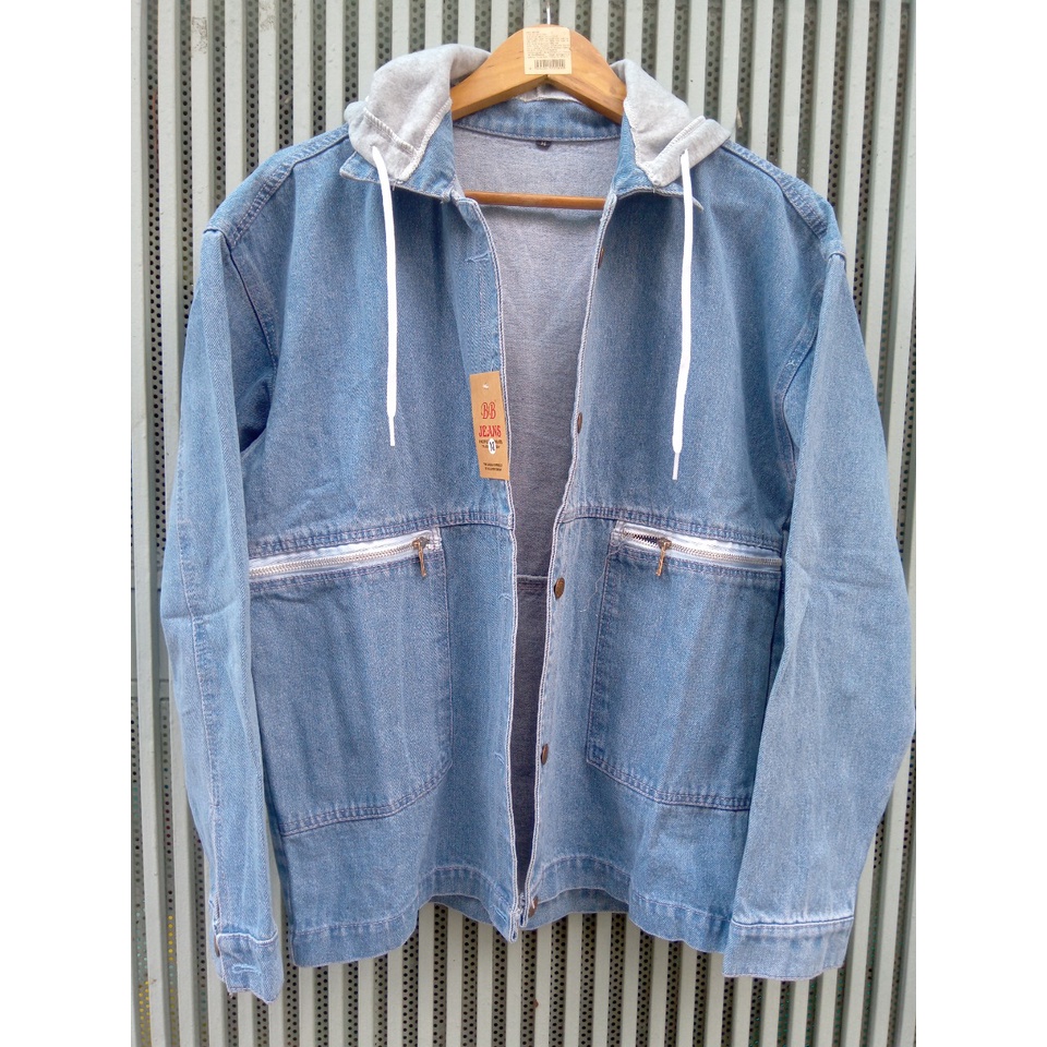 Áo khoác jean nam có nón túi Zip xanh - áo jean nón mũ viền tay xanh đen form rộng size 40-75kg