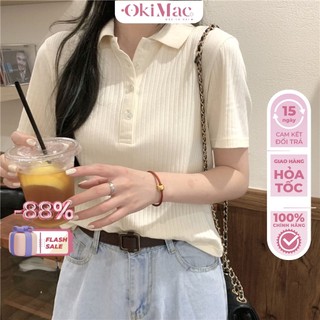 Áo polo nữ OKIMAC tay ngắn dáng rộng cổ bẻ sọc gân trơn phong cách đơn giản trẻ trung thời trang nữ