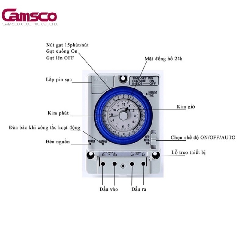 [CHÍNH HÃNG] Công Tắc Hẹn Giờ Cơ, Timer 24 Giờ Camsco TB35N