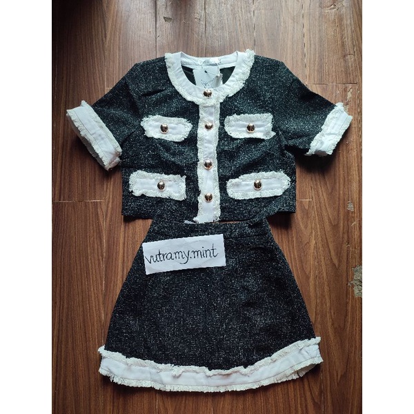 VIDEO ẢNH THẬT Set Áo Dạ Tweed Chân Váy Viền Đen Trắng