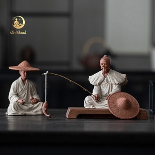 Tượng Khương Tử Nha câu cá gốm Tử Sa trang trí bàn trà, bàn làm việc, lũa, bonsai - TỰ THANH QUÁN