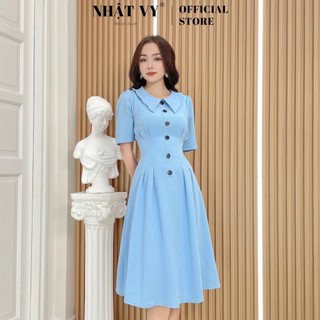 Đầm đi chơi nhật vy cổ tròn tay lỡ đính cúc chiêt eo chất xốp kim cương màu xanh biển, rêu, tím, đen - d2406
