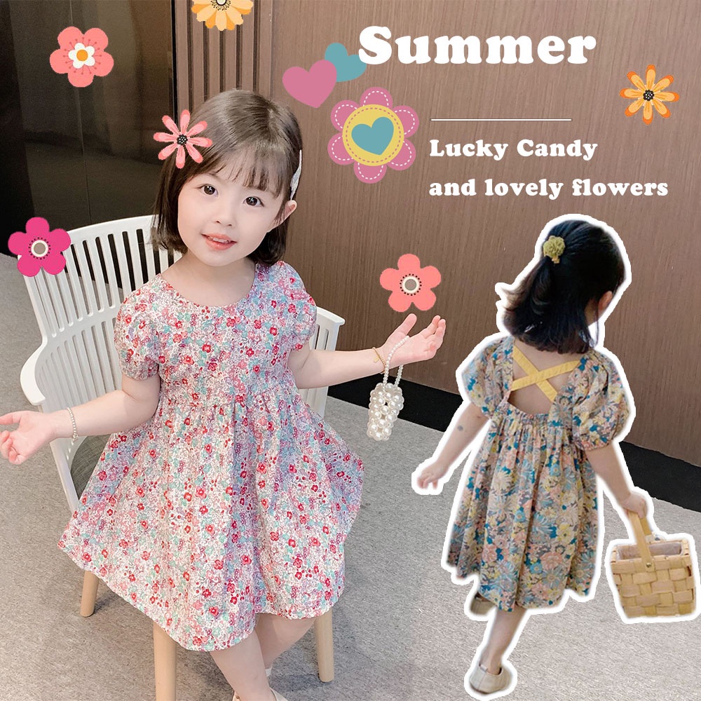 Đầm LUCKYCANDY in họa tiết hoa ngắn tay thời trang mùa hè ngọt ngào cho bé gái váy hoa nhí