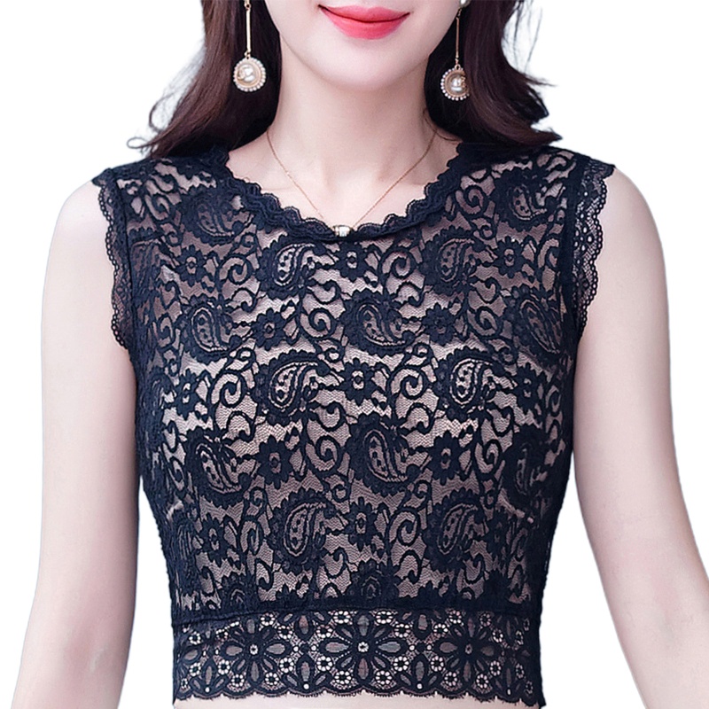 Áo Ren Mỏng Không Tay Cổ Tròn Họa Tiết Hoa Có Thể Tháo Rời Cho Nữ