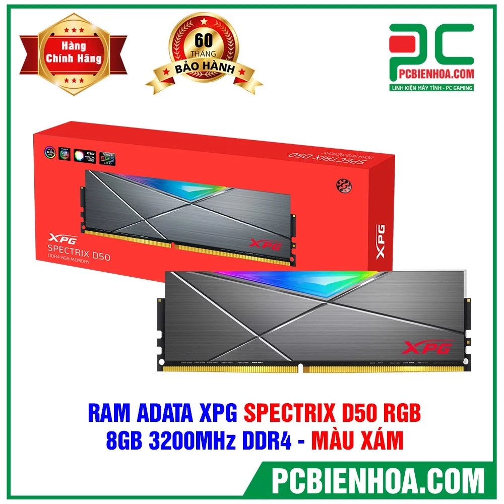 RAM ADATA XPG SPECTRIX D50 RGB - 8GB 3200MHZ DDR4 - MÀU XÁM
