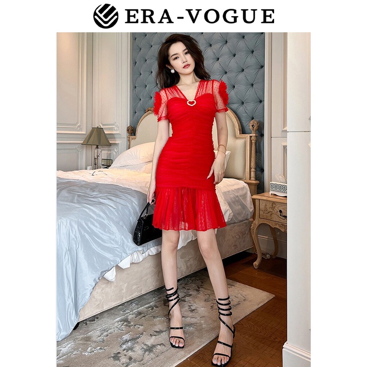 EraVogue🌷 Đầm Đuôi Cá Dự Tiệc Phối Lưới Họa Tiết Chấm Bi Phong Cách Pháp 10102
