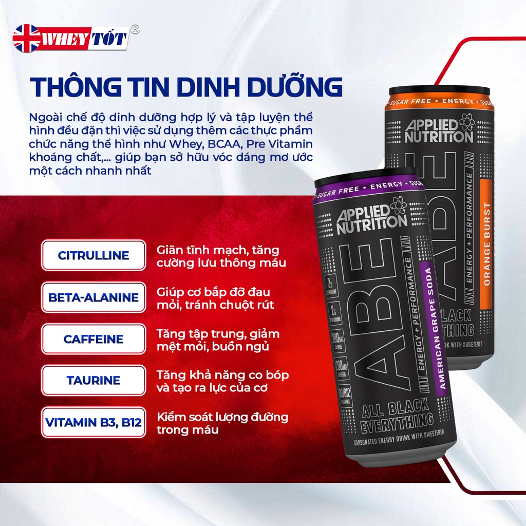 Nước uống tăng lực Applied Nutrition ABE tăng sức bền, hỗ trợ vận động thể thao 330ml