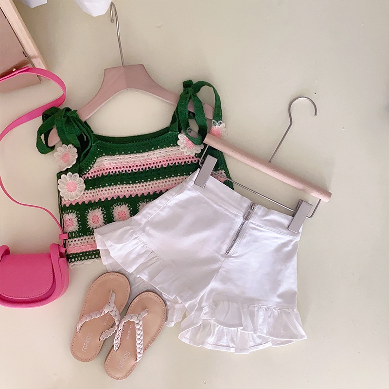 Set Áo Hai Dây + Quần Short Denim Dệt Kim Phong Cách Hàn Quốc Thời Trang Mùa Hè Cho Bé Gái