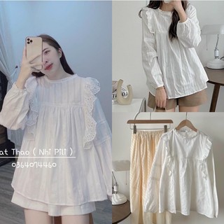 Áo babydoll cổ ren bèo 2 bên, áo sơ mi trắng