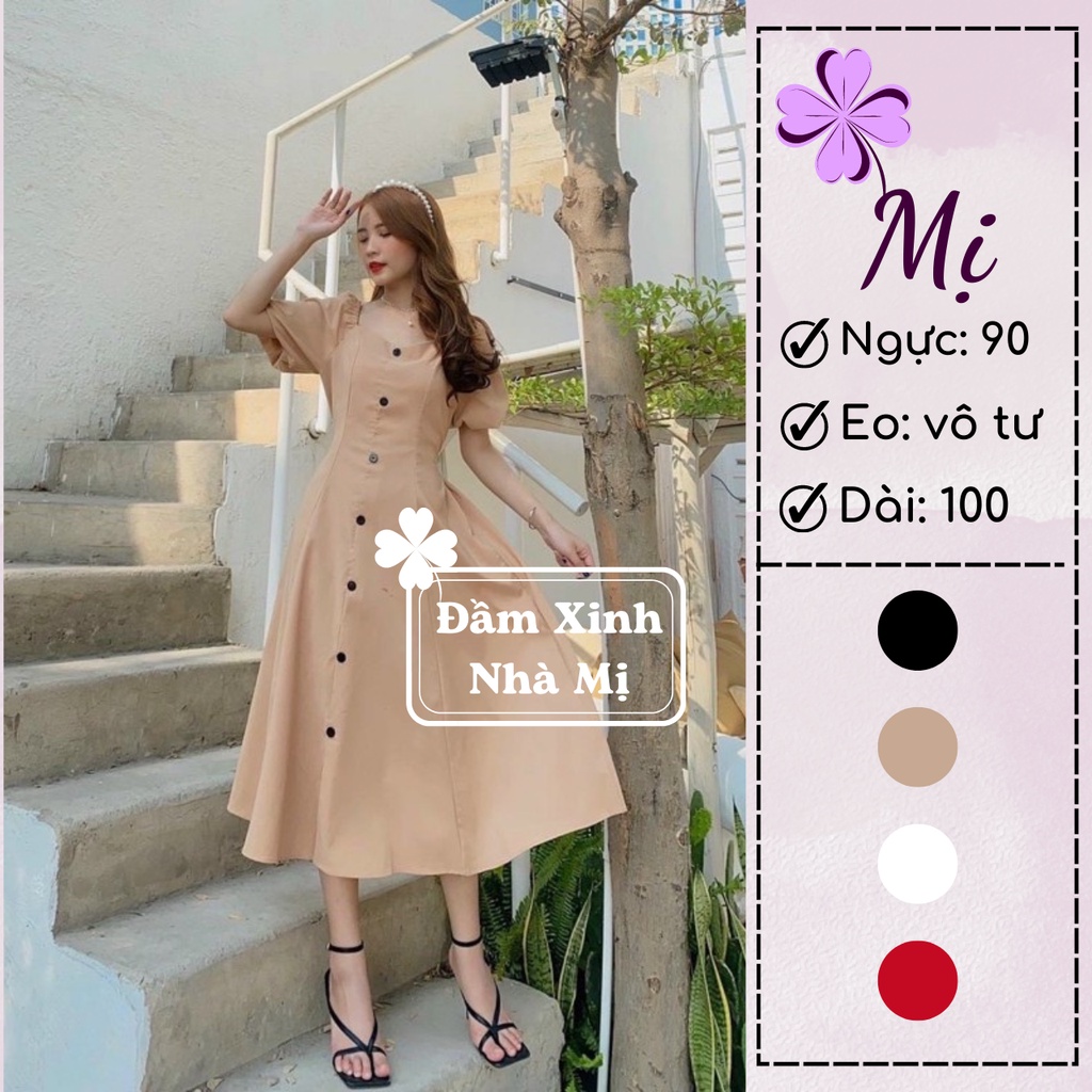 (HÌNH THẬT) Đầm Nữ Dự Tiệc Cổ Tim Phối Nút Trước Đen Tay Ngắn Sang Trọng, Đầm Nữ Form Dài Dáng Xòe Màu Trắng Đen Kem Đỏ