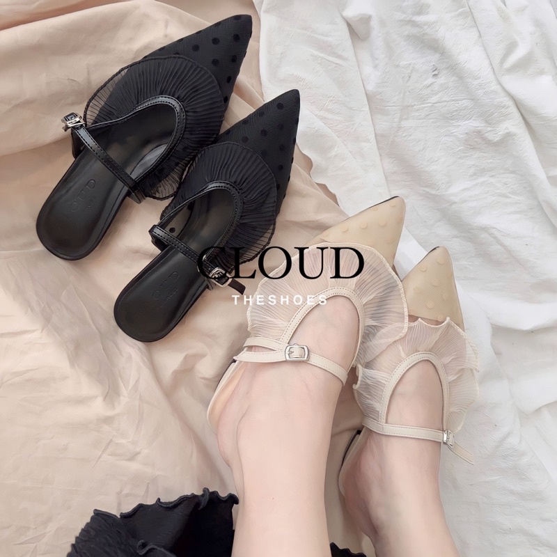 Giày bệt nữ bít mũi nhọn lưới bi viền ren phối dây mảnh – Cloud The Shoes