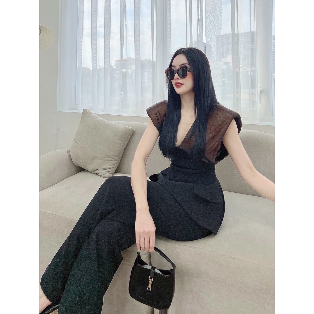 Set Peplum Quần Suông Áo cổ V THUYNGOTHANH áo bling không tay phối túi hộp