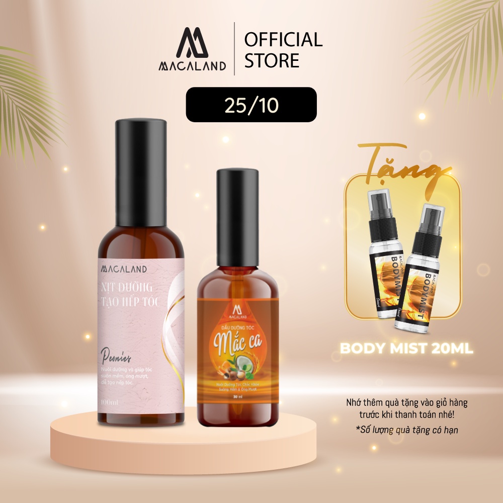 Combo dầu dưỡng tóc hạt Maca 30ml và xịt giữ nếp tóc 100ml lưu hương hoa thơm mát, óng mượt cả ngày dài MACALAND