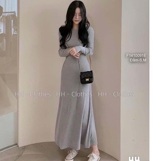 Đầm zip dáng dài xòe đính khuy lệch bên eo cổ tròn tay dài!