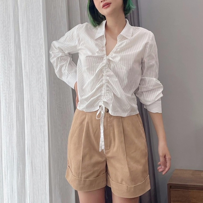 Áo cổ bẻ dáng suông rút dây. Hình thật shop chụp cận vải