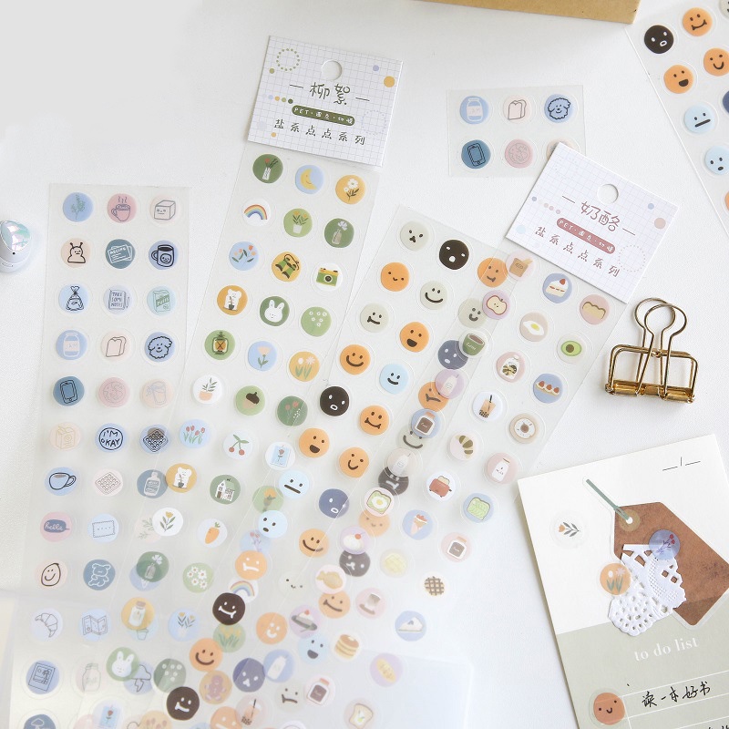 Set 57 sticker miếng dán icon tròn cute hình khuôn mặt/ đồ ăn/ đồ tiện ích BÚT ĐẸP