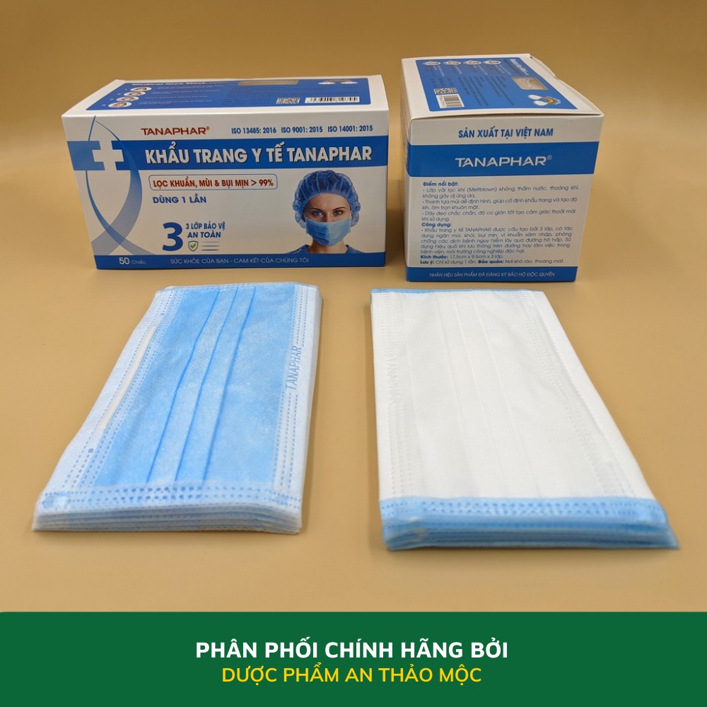 Khẩu trang y tế 3 lớp TANAPHAR không thấm nước không độc hại co giãn tốt lọc khí ngăn cản khói bụi hiệu quả