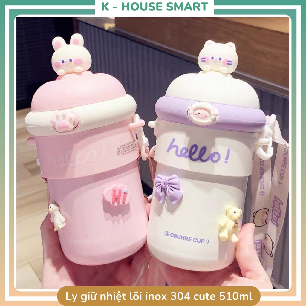 Bình giữ nhiệt hello có ống hút 4 màu nắp hoạt hình dễ thương, ly nước có dây đeo cute