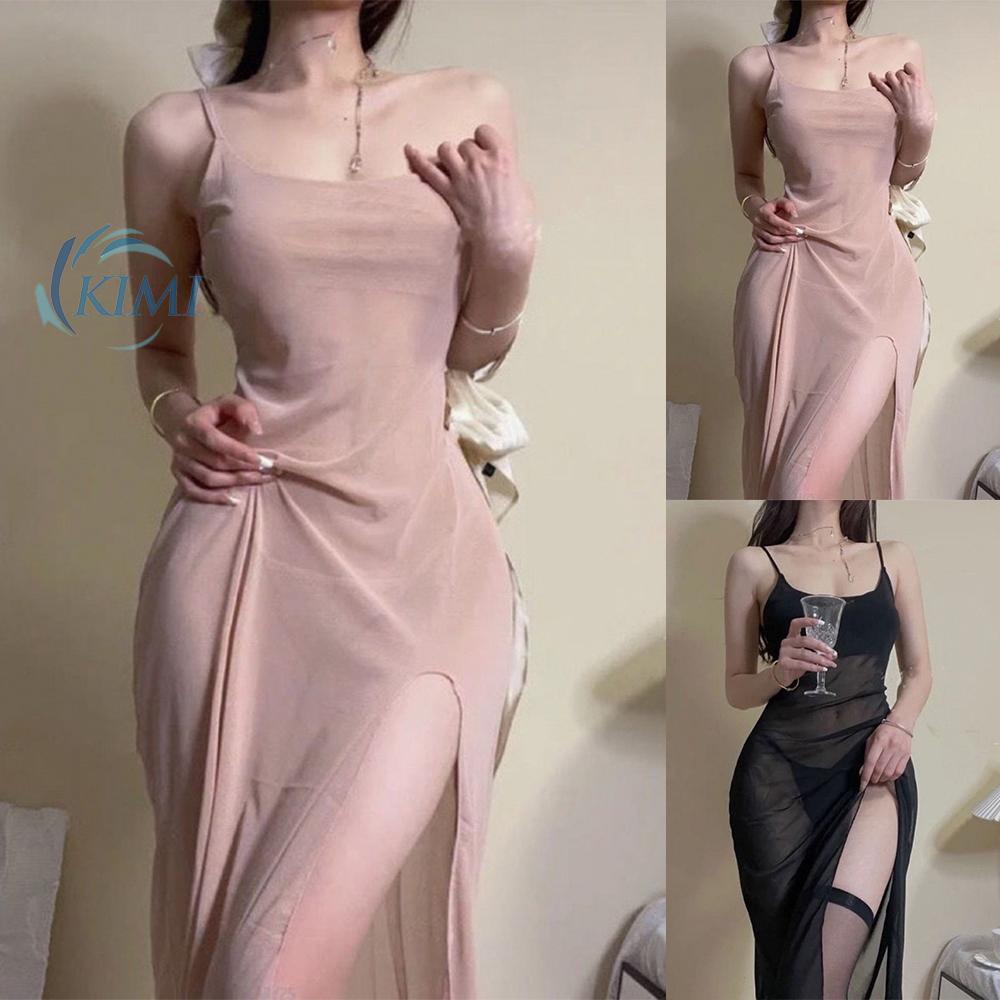 KIMI-Womens See Through Sleeveless High Slit Bodycon Mini Dress Lingerie Sleepwear 2022 hot sla enew