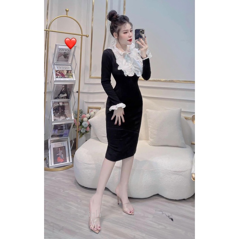Đầm body nữ thun gân nổi phối voan kiểu tay dài loe dáng đầm midi bút chì xinh xắn