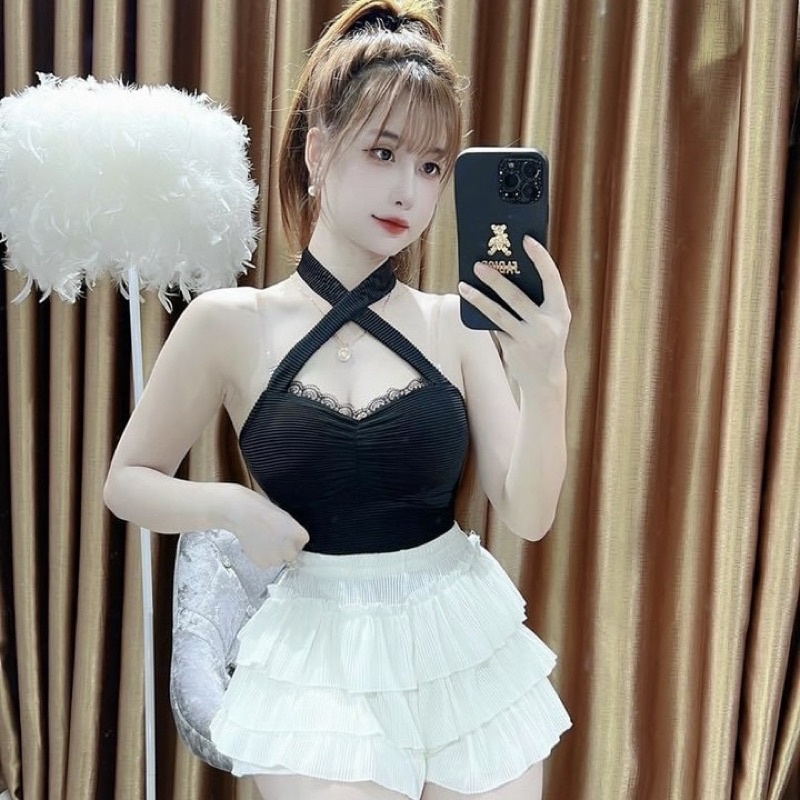 Áo yếm chéo cổ viền ren nhún ngực chất gân co giãn ôm body