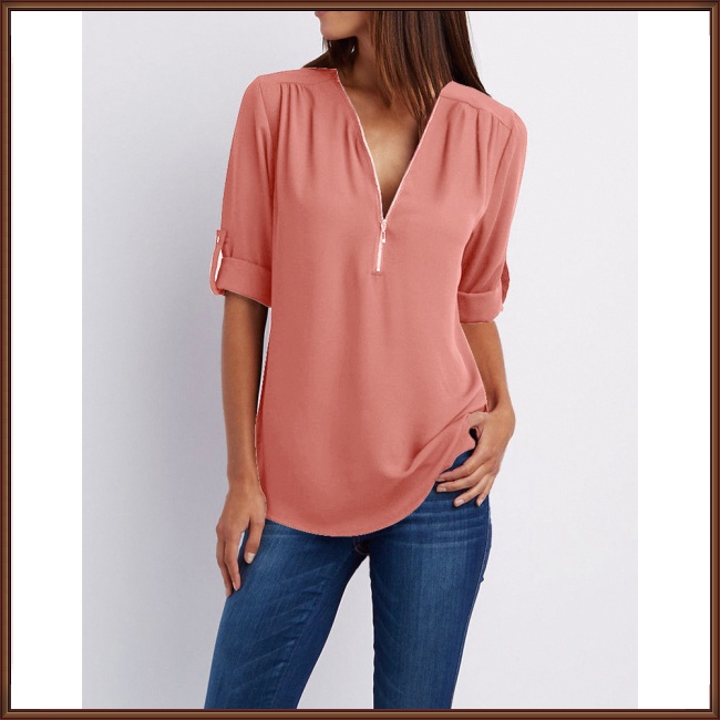 Áo Sơ Mi Chiffon Tay Dài Cổ Chữ V Màu Trơn Có Khóa Kéo Trước Plus Size Cho Nữ