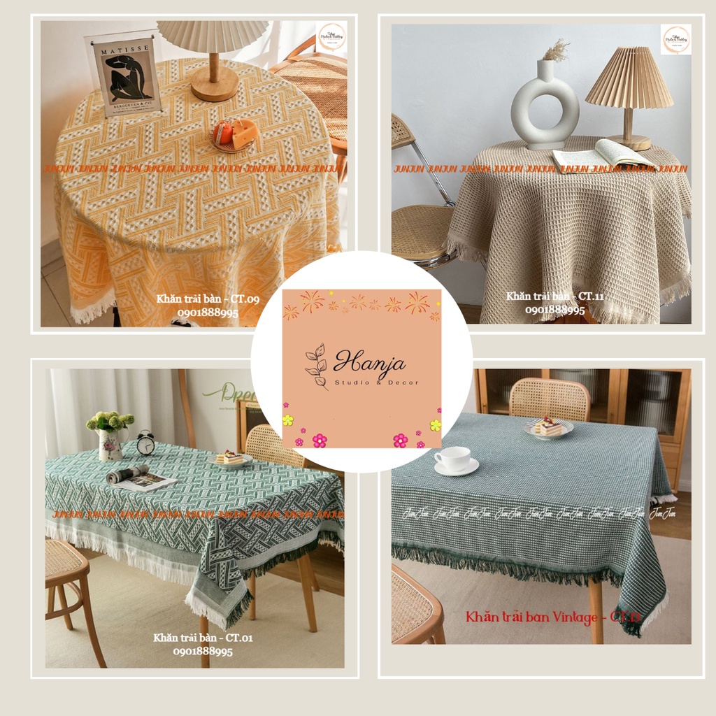(2)TH Khăn trải bàn hình chữ nhật/tròn cotton&lanh họa tiết thổ cẩm phong cách Bắc Âu