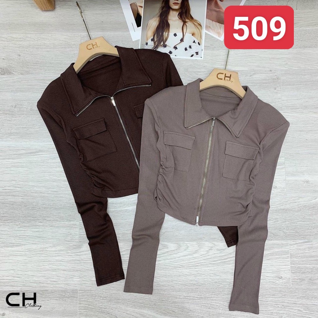 Áo Cổ Bẻ Dài Tay Phối Khóa Kéo Khoét Sâu Ôm Dáng Gợi Cảm Mẫu 509