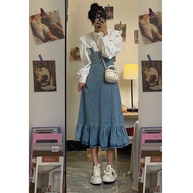 Váy yếm Bộ Áo Sơ Mi Cổ Búp Bê + Chân Váy Yếm Denim Thời Trang Mùa Xuân 2022 Phong Cách Phương Tây Dành Cho Nữ