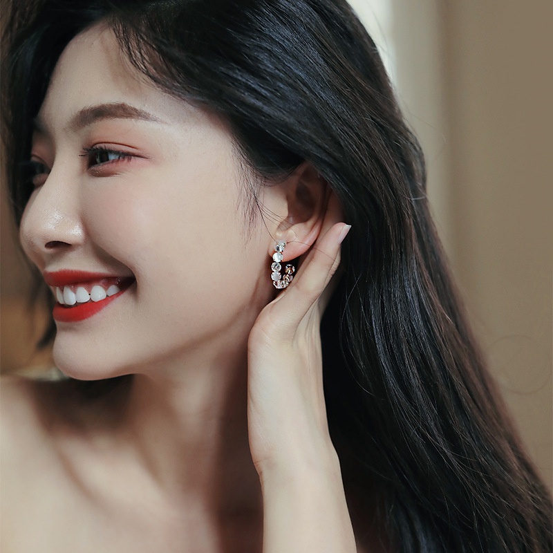 Khuyên Tai Tròn Đính Đá Opal Sang Trọng Phong Cách Hàn Quốc Thời Trang Dự Tiệc Cho Nữ