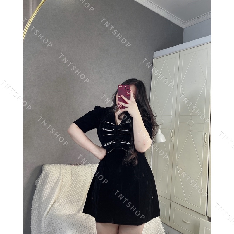 ĐẦM NHUNG TAY PHỒNG 3 NƠ [TNT SHOP BIGSIZE 60KG 90KG]