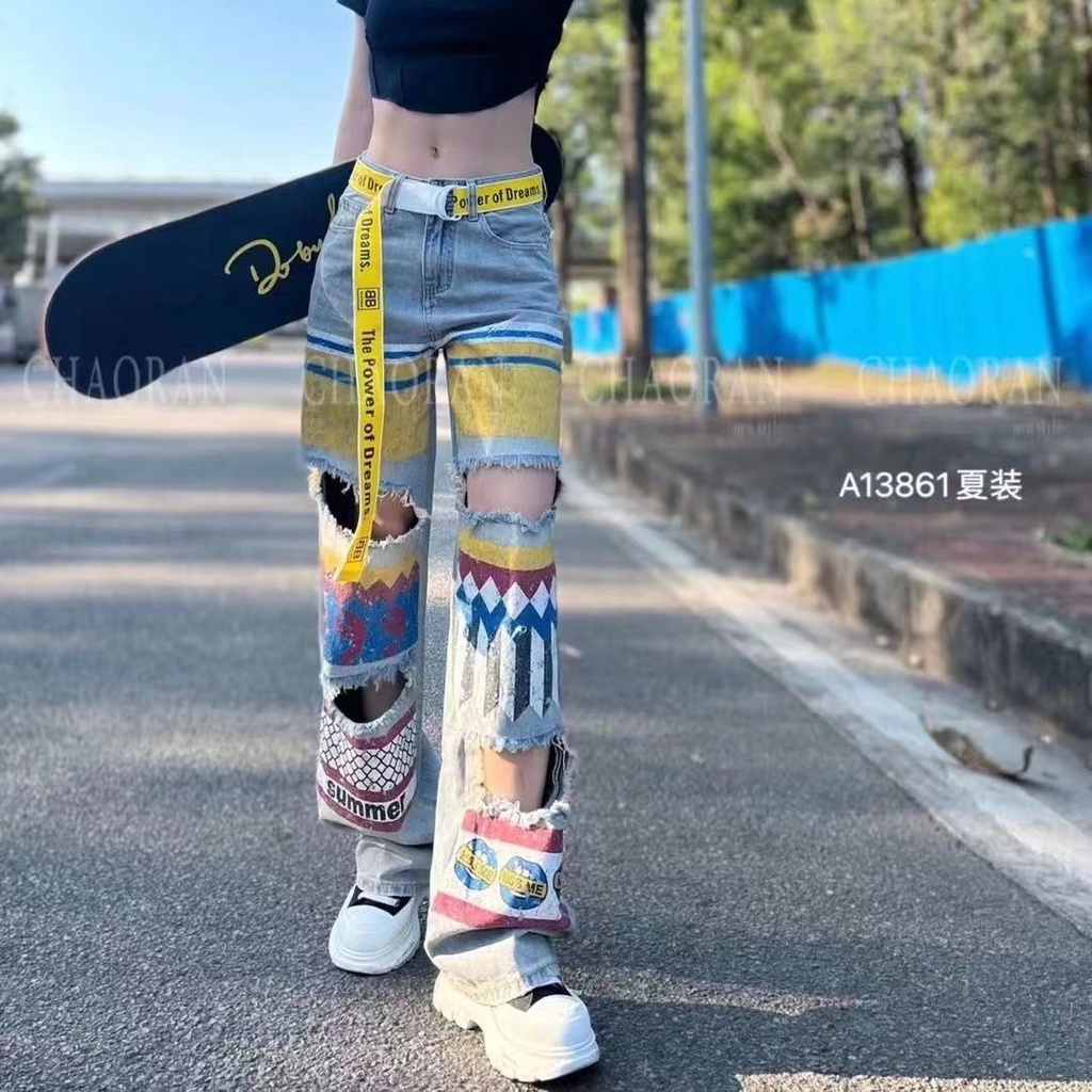 Quần Jeans Rách In Chữ Graffiti Thời Trang Mùa Hè Mới Cho Nữ