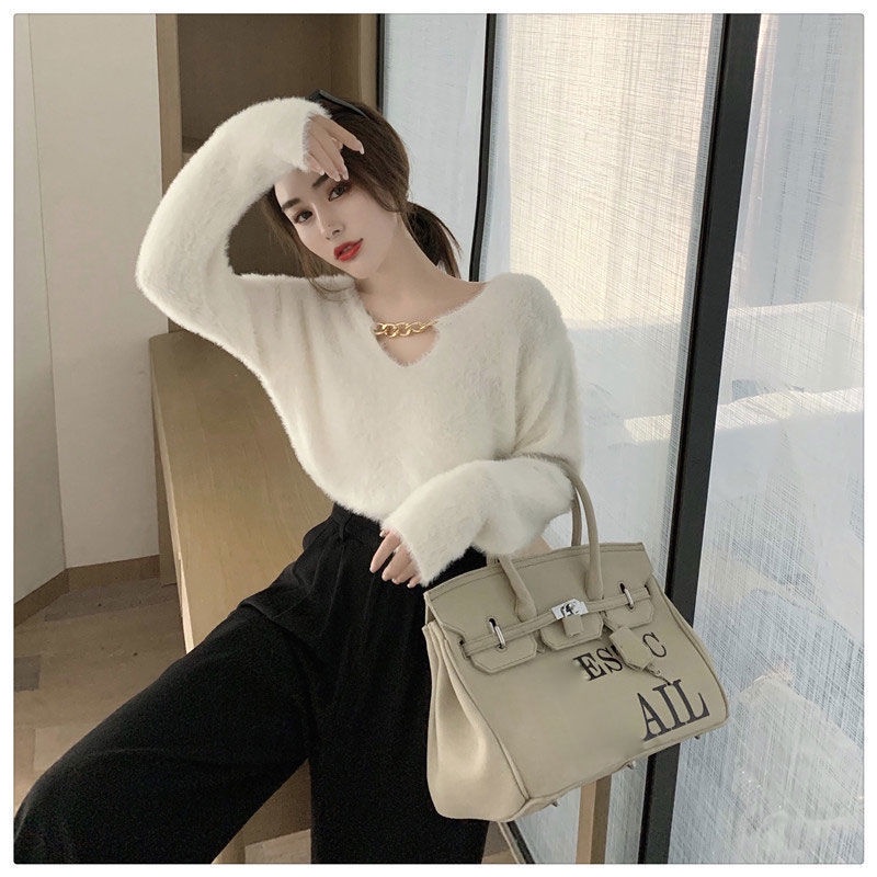 Jiashuchengv Áo Thun Dệt Kim Tay Dài Phối Dây Xích Phong Cách Hàn Quốc Thời Trang Cho Nữ