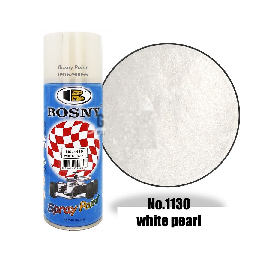 Sơn xịt cao cấp Bosny màu Trắng Ngọc Trai ánh nhũ (mã 1130 )
