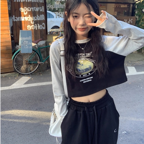 Áo Thun Nữ Dài Tay In Chữ Tương Phản Phong Cách Vintage Mới
